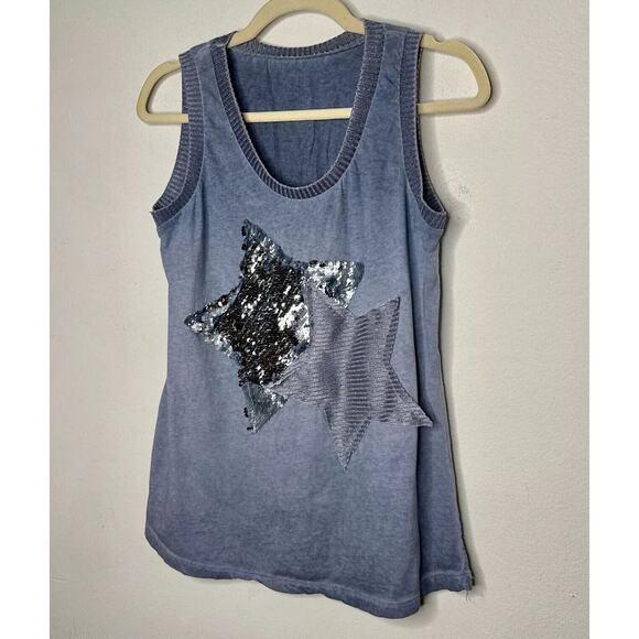 Gray Blue Knit Sleeveless Scoop Neck Tank Top 2 Stars One Silver Sequined Med - Picture 2 of 10